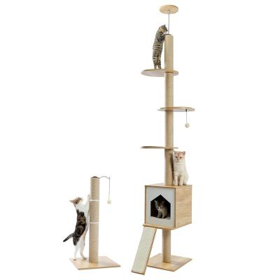 China Free Shipping USA Stocked Wooden Cat Tree Floor Ceiling Cat Tower with Free Cat Scratching Post for sale