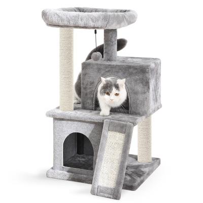 China Stored Warehouse Cat Tree Modern Canada Cat Tower With Striping Post Staircase Gray for sale