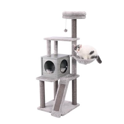 China Warehouse Stocked Canada Cat Tree Tower With Cat Striping Mail Hammock Gray for sale