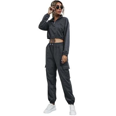 China QUICK DRY Solid Color Turn-Down Collar Zipper Crop Top And Cargo Pants Casual Sports Two Piece Set for sale