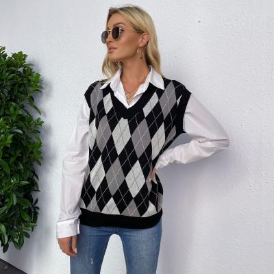 China 2021 Fall Viable Preppy Style Geometric V-Neckline 100% Polyester Knit Sweater Vest Women for sale