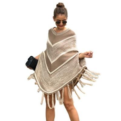 China Anti-wrinkle the color geometric patchwork cape tassel 2020 autumn women's sweater for sale