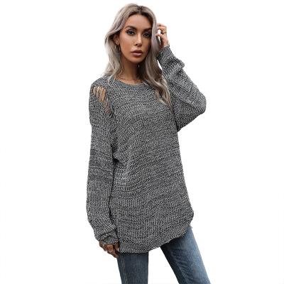 China Anti-Wrinkle Vintage Hollow Out O-Neck Long Sleeve Loose 7GG Women Ripped Sweater for sale