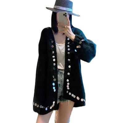 China Autumn black anti-pilling sequin knitted sweater women's medium open cardigan long for wholesale for sale