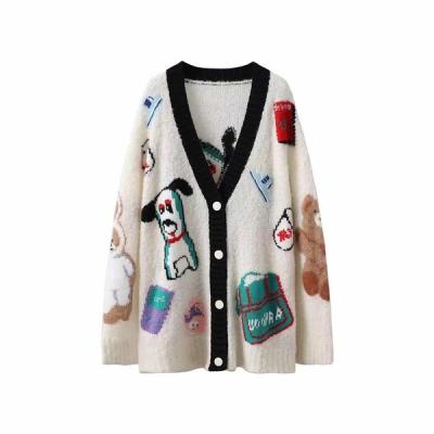 China Cartoon Anti-pilling Hand Embroidered Letter Jacquard Loose V-Neck Knitted Coat Cardigan Sweater For Women for sale