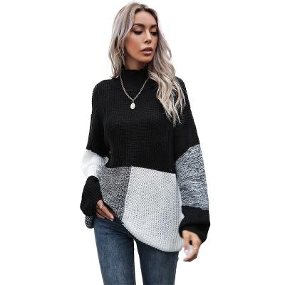 China Anti-wrinkle custom color block stitching turtle neck crochet hollow-out long sweater top for women for sale