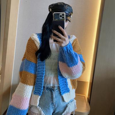 China Autumn Winter New Short Anti-wrinkle Stick Needle Stripe Stitch Cardigan Loose Open Sweater for sale