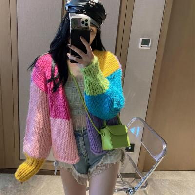 China Anti-wrinkle 2021 fall jacket color contrast soft short hand - woven open stitch cardigan sweaters for women for sale