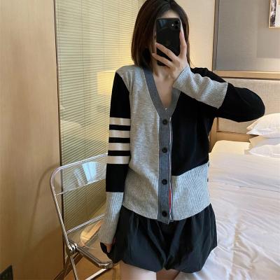 China Autumn High Quality Patchwork Color Anti-wrinkle Sweater V-Neck Korean Fashion Cardigan For Casual for sale