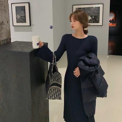 China Customizable Ribbed Anti-wrinkle Autumn 2021 Minimalist Office Knit Dress Casual Long Sweater Dress for sale