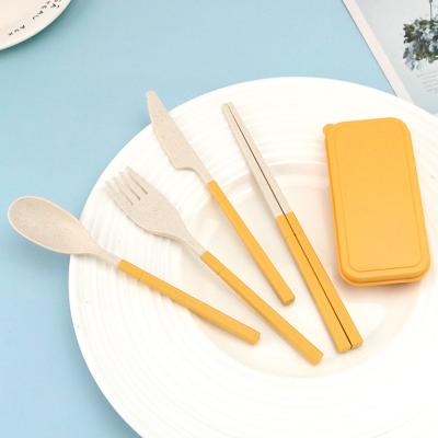 China Amazon Travel Cutlery Chopsticks Knife Fork and Spoon Set Viable Hot Selling Portable Detachable Folding Cutlery Set Wheat Straw For Kid for sale