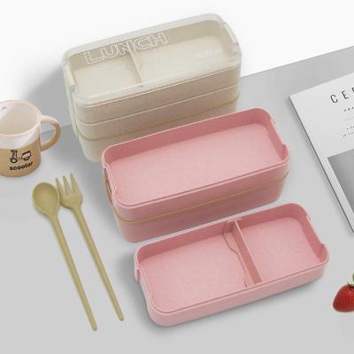 China Promotional Creative Freshness Preservation Rectangular Stackable Three Layer Outdoor Wheat Plastic Picnic Bento Box With Spoon And Fork for sale