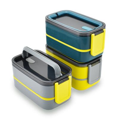 China Wholesale Modern Reusable Portable Plastic Student Microwavable Thermal Bento Lunch Box With Handle Bpa 2 Layer Kids Food Containers for sale