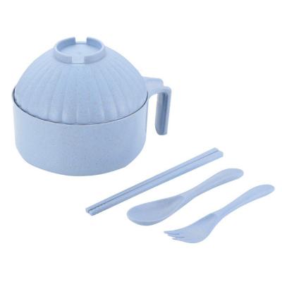 China Modern Design Viable Blue Travel Ramen Biodegradable Plastic Bowl With Lid Wheat Bowl Nordic Small Picnic Noodle Straw Set For Child for sale