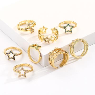 China TRENDY Fashion 18k Real Gold Plated Ring Fashion Jewelry Pentagram Star Fitted Open Copper Ring Cz Zircon Rings Women for sale