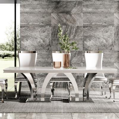 China Modern dining room table set quality stainless steel furniture base 8 seater marble fine interior table chairs for sale