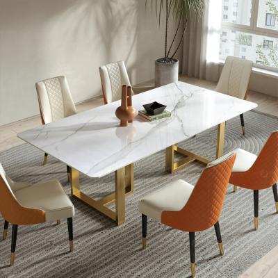 China New Design Solid Modern Dining Room Furniture Rectangular Gold SS Marble Top Table With 6 Chairs Dining Table Set for sale