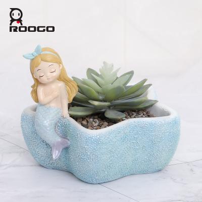 China Eco-friendly Mermaid Resin Roogo Planter Pot Fairy Garden Flower Pots for sale