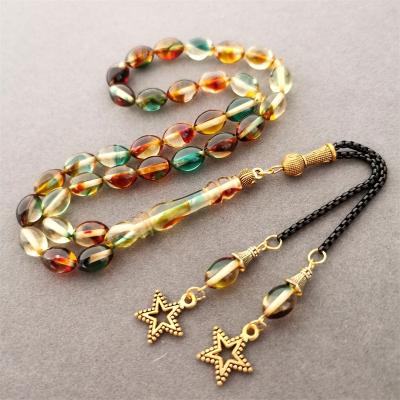 China Oval Shape 7.5*11mm Resin Religious Tasbih Bead Muslim Islamic Sibha Rosary Misbaha Tasbeeh 33 Beads Tassel Metal Gift Prayer Beads for sale