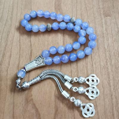 China 33 Pcs Natural Blue Islamic Muslim Rosary Stone Allah Rosary Necklace 8mm Tasbeeh Stone Agate Subha Misbaha Tasbih Prayer Beads for sale