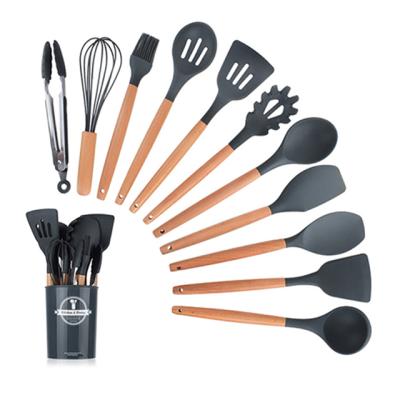 China Wooden Stocked Utensil Set Silicone Food Grade Spatula Utensils Kitchen 12Pcs Accessories for sale