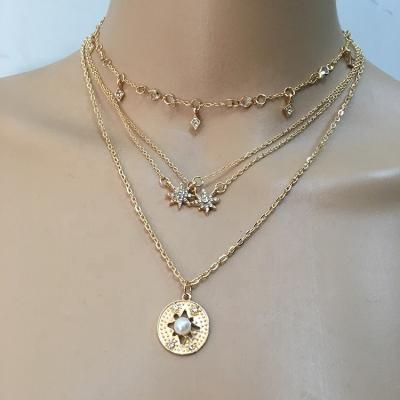 China Fashion eco-friendly wholesale women's stars gold plated alloy multilayer necklaces bling crystal pearl necklace jewelry bling for sale