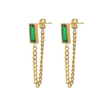 China Anti-allergy Fashion Green 18K Gold Plated Chunky Hoop Earrings Women Stainless Steel Minimalist Earrings Jewelry Gift CZ Long Earrings for sale