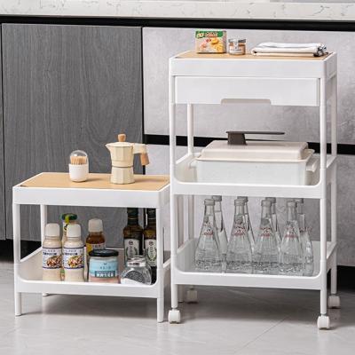 China Minimalist Kitchen Unit Storage Wooden Mobile Shelving Rolling Cart With Drawers for sale