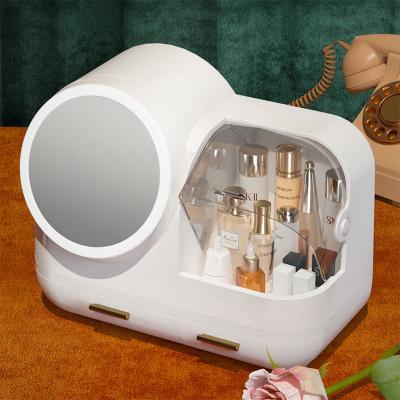 China Sustainable LED Cosmetic Storage Box With Revolving Adjustable Lighted Mirror And Makeup Fan for sale