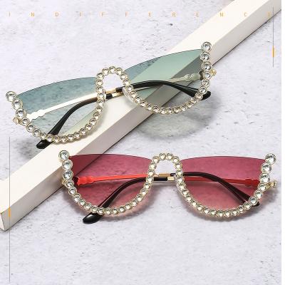 China Fashionable 2022 Diamond Sunglasses Brand Luxury Women Half Frame UV400 Lmamba Private Label Sunglasses for sale