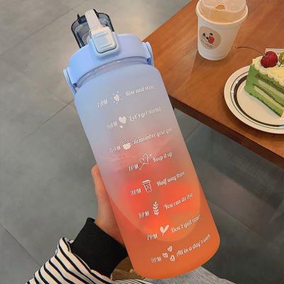 China Asian Zen Stylish Large 2000ml Outdoor Plastic Bottles Frosted Gradient Color Sport Portable Water Bottle With Reminder Scale for sale