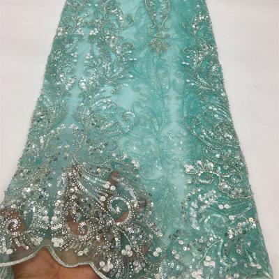 China Elastic Lace Fabric Luxury African Beading Lace Fabric Bridal French Sequin Tulle Embroidery Tulle for sale