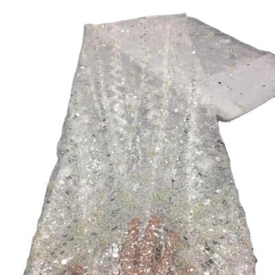 China Elastic Sequin Bridal Lace Bead French Tulle Lace Materials Beaded Lace Fabric For Wedding for sale