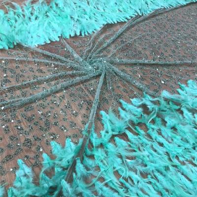 China Elastic Lace Fabric Japan Embroidery Lace Fabric Gold Blue Sequin And Beads Lace Fabric Feather for sale