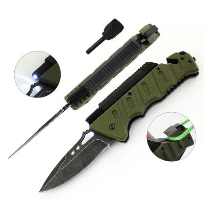 China Best Durable Outdoor Camping Hunting EDC With Fire Starter Tactical Survival Military Folding Knife And LED Folding Pocket Knife for sale