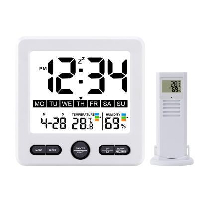 China NEW 2021 Indoor & Outdoor Easy Operation Alarm Display Digital Thermometer Hygrometer Alarm Clock Desk Calendar Clock for sale