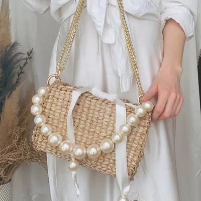 China Fashoion Women Cross - Straw Handbags Pearl Beads Handle Summer OEM Custom Cross Body Beach Bag - Body Bags for sale