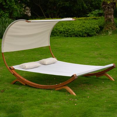 China Modern New Design Wooden Beach Sofa Outdoor Furniture Pool Double People Sun Sofa With Canopy for sale