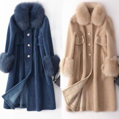 China Hot Selling Viable Cheap Viable Fox Shearling Coat Blue Fox Fur Collar Fox Fur Cuff Women Faux Shearling Coat for sale