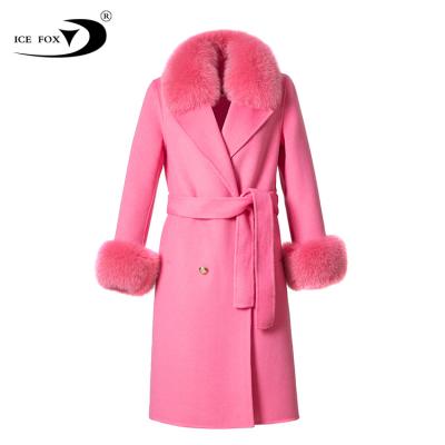 China Wholesale Winter Breathable Fashion Spring Plain Dyed White Alpaca Wool Overcoat Sweater Belt Women Coat Long Fur Collar for sale