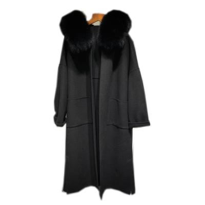 China Celebrity Fashion Breathable Winter Women Fashion Woolen Coat Fox Fur Trends Long Hooded Belted Cashmere Woolen Fur Coat for sale