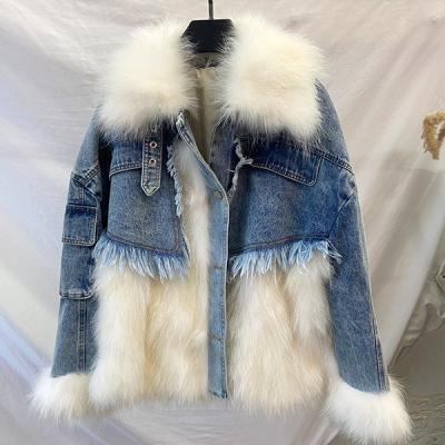 China Latest Design Breathable Denim Jackets Breathable Fur Trimming Real Fox Women Winter Striped Denim Parka Fur Coat Casual Super Warm Fur for sale