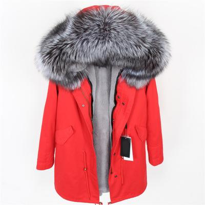 China Winter Women's Real Fur Collar Real Fox Jacket Windproof Fluffy Fur Coat Viable Striped Hooded Women Fur Parka Coat for sale