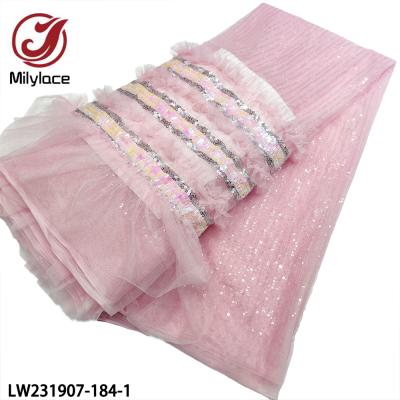 China Sustainable Romantic Girl Dress 3D Layered Pink African Soft Embroidery Sequin French Tulle Lace Fabric for sale