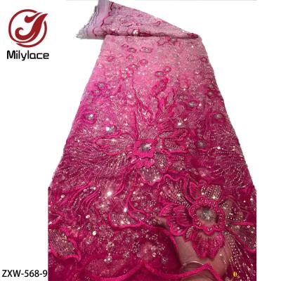 China African Handmade Beaded Dress Sequins Dress Lace Fabric Luxury Nigerian Bridal Red Flower Large Embroidery Viable for sale