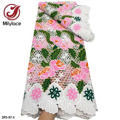 China Viable Embroidery Nigerian Chemical White Colorful Flowers Base Polyester Guipure Cord African Cord Lace Fabric for sale