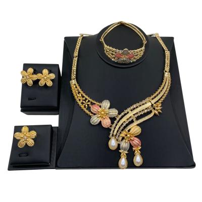 China Romantic Women Party Use Fancy African Gold Bracelets Earring and Necklace Jewelry Set Inlaid Stones for sale