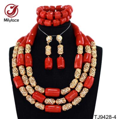 China People Peel Coral Jewelry Red African Coral Handmade Nigerian Beaded Jewelry Set for sale