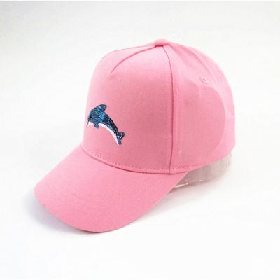 China Custom Cute JOINT Shark Embroidery Sequin Kids Cotton Pink Baseball Cap for sale