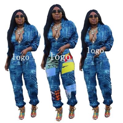 China Fashionable Women's QUICK DRY V-Neck Long Sleeve Leisure Imitations Jeans Denim Printing Turn-Down Collar Casual 3xl Plus Size Overalls for sale